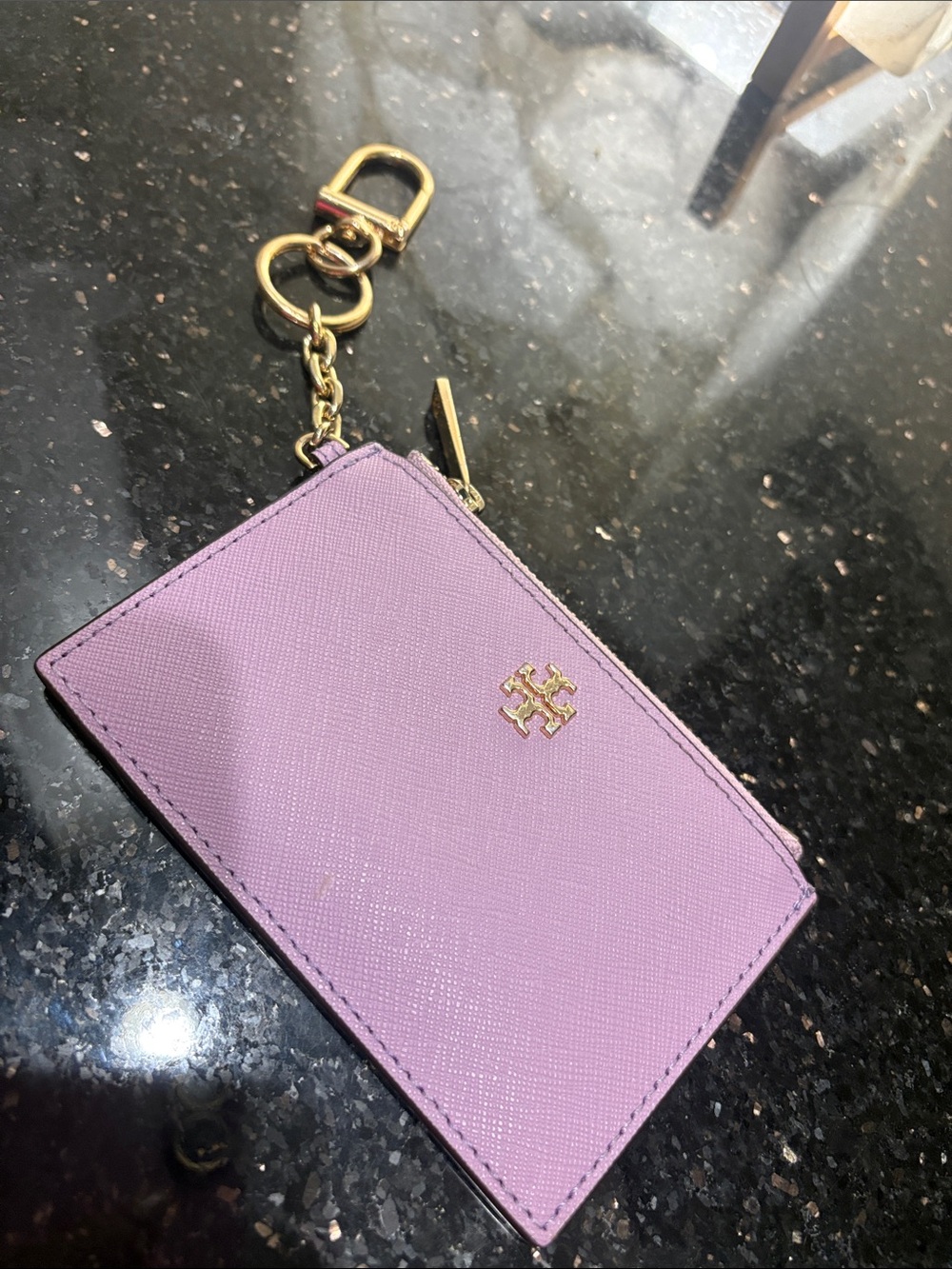 Tory Burch Lavender Saffiano Leather Zip Card Holder with Key Ring
